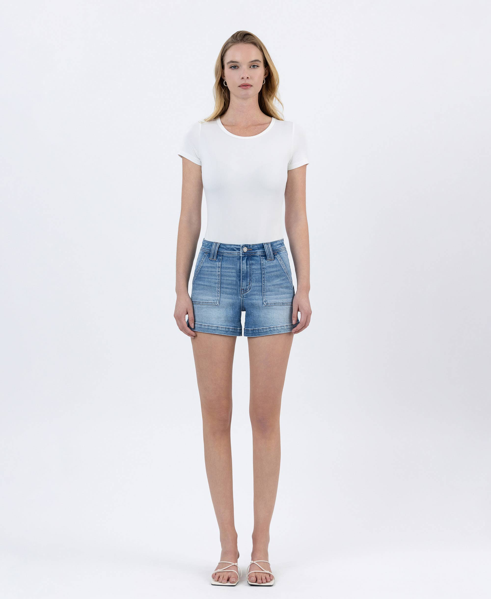 POWDER PUFF HIGH RISE PATCH POCKET DENIM SHORTS