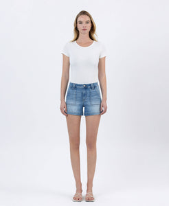 POWDER PUFF HIGH RISE PATCH POCKET DENIM SHORTS