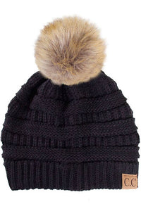 Black C.C Solid Ribbed Knit Beanie With Pom