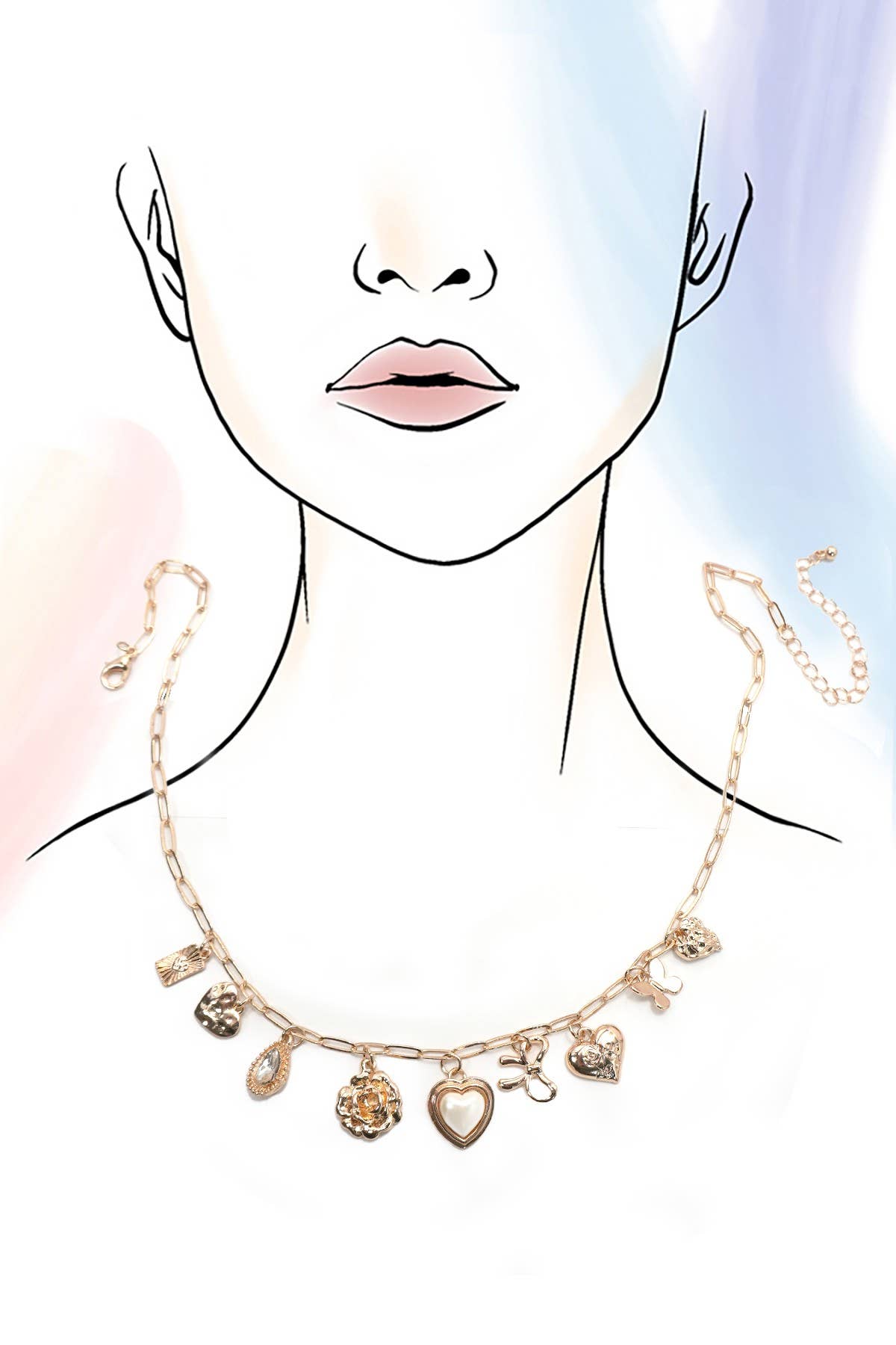 GOLD CHARM NECKLACE-BOW HEART RHINESTONE FLOWER