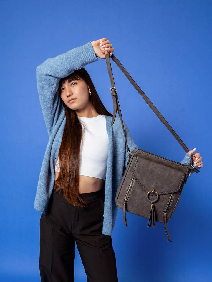 Parchment Layla Faux Suede Whipstitch Crossbody w/ Tassel