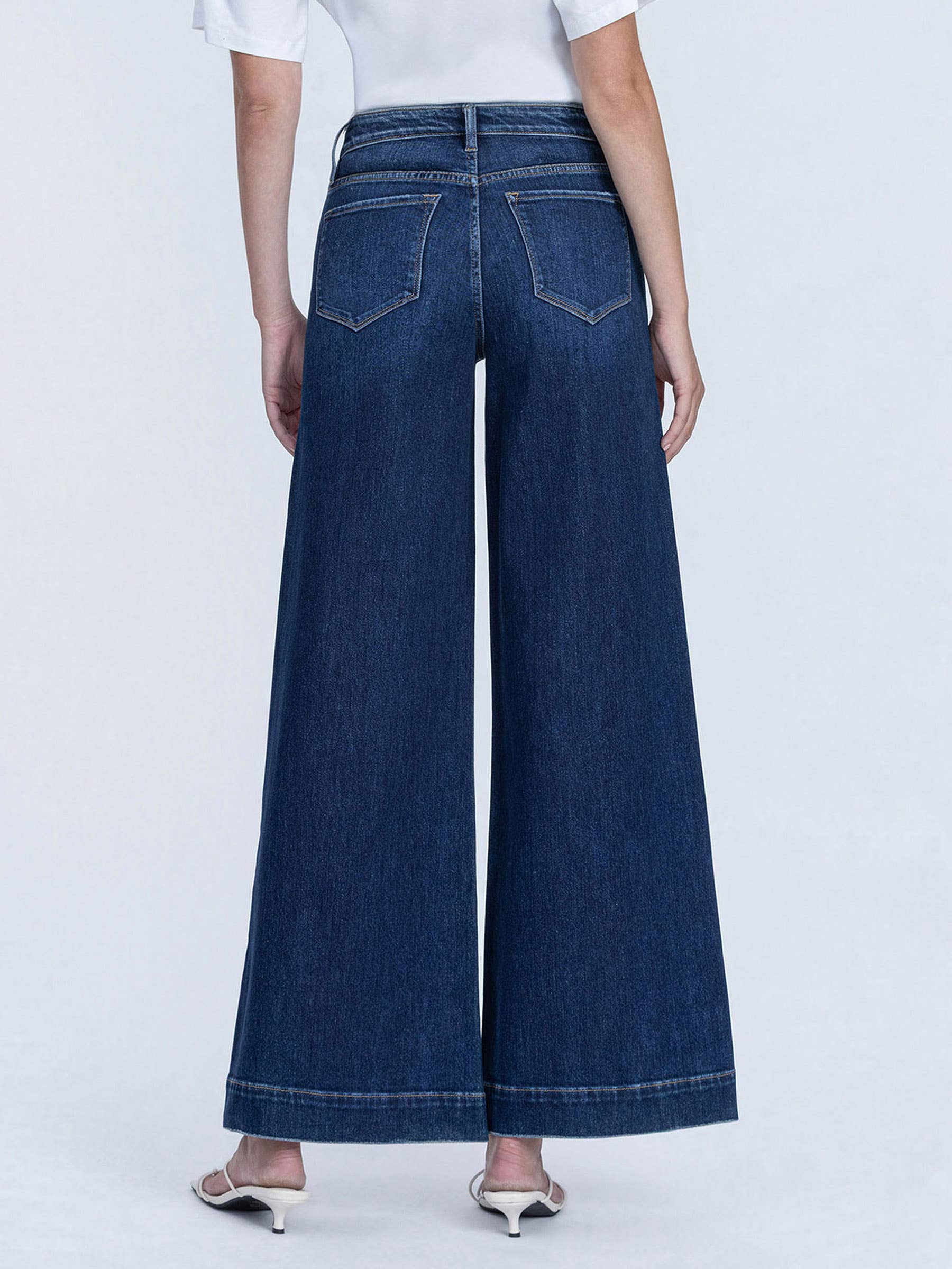 HIGH RISE DARK WASH FUSED WAISTBAND PALAZZO JEANSd