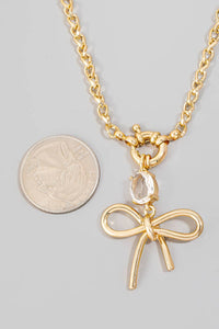 Gem And Ribbon Bow Pendant Chain Necklace