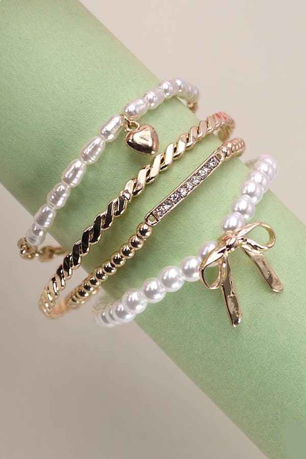 BOW PEARL RHINESTONE BAR STRETCH BANGLE SET