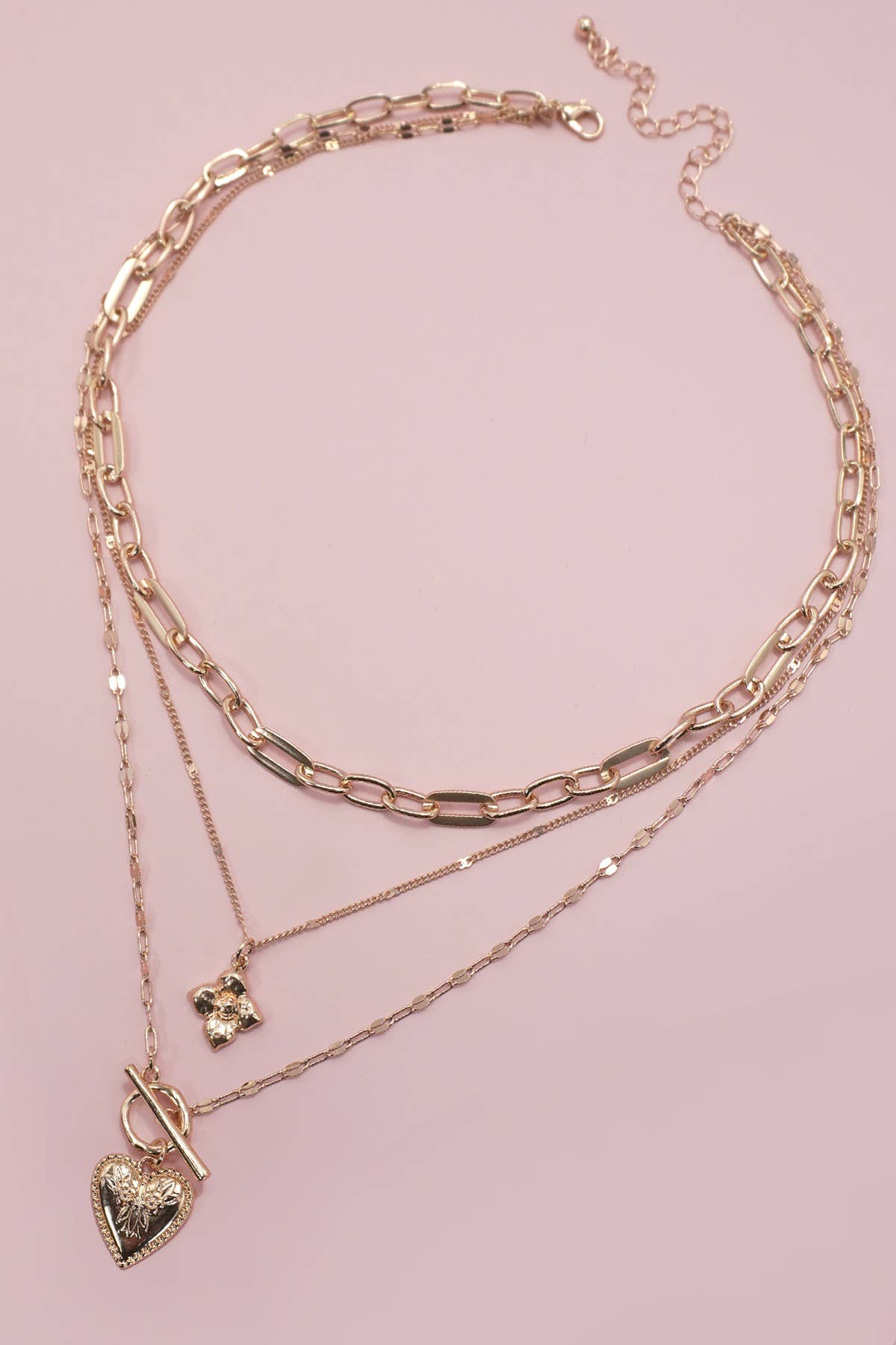 FLOWER  HEART TOGGLE MULTI LAYERED NECKLACE