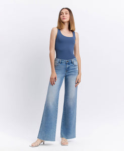 VOUCHSAFE MID RISE CLEAN CUT RAW HEM WIDE JEANS