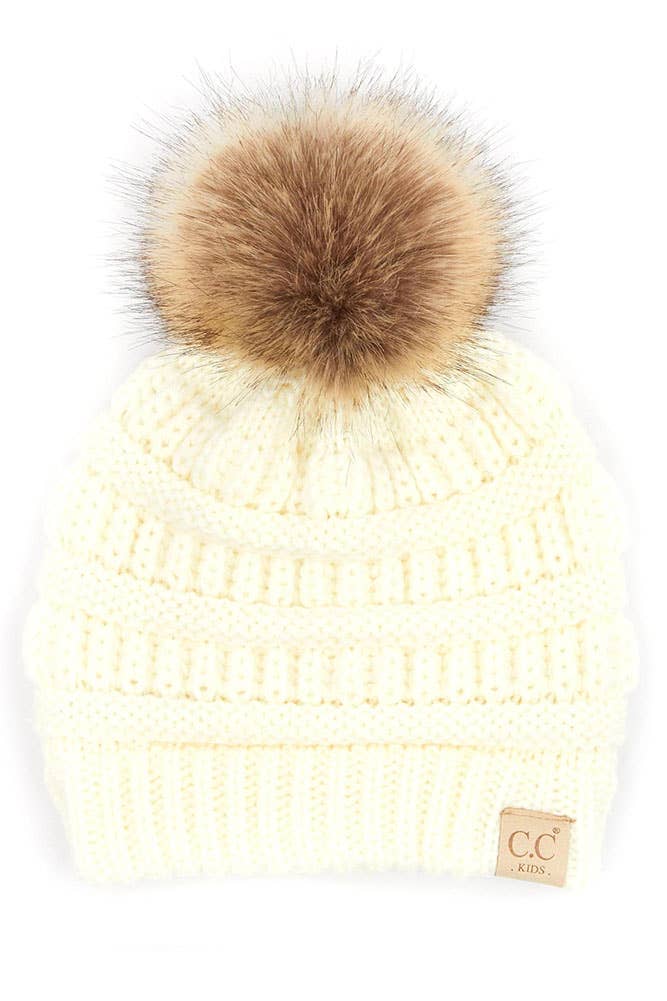 Black C.C Kids Solid Ribbed Beanie with Pom
