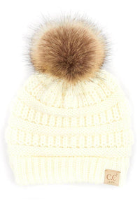 Black C.C Kids Solid Ribbed Beanie with Pom