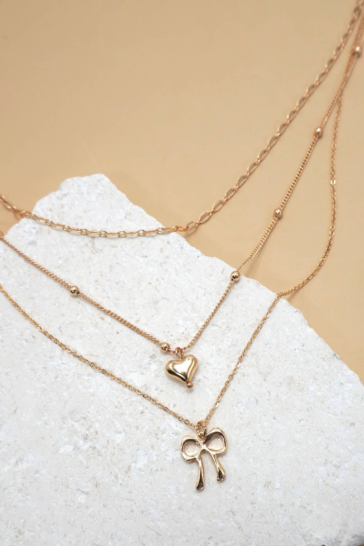 MULTI LAYER BOW HEART CHARM DROP NECKLACE |