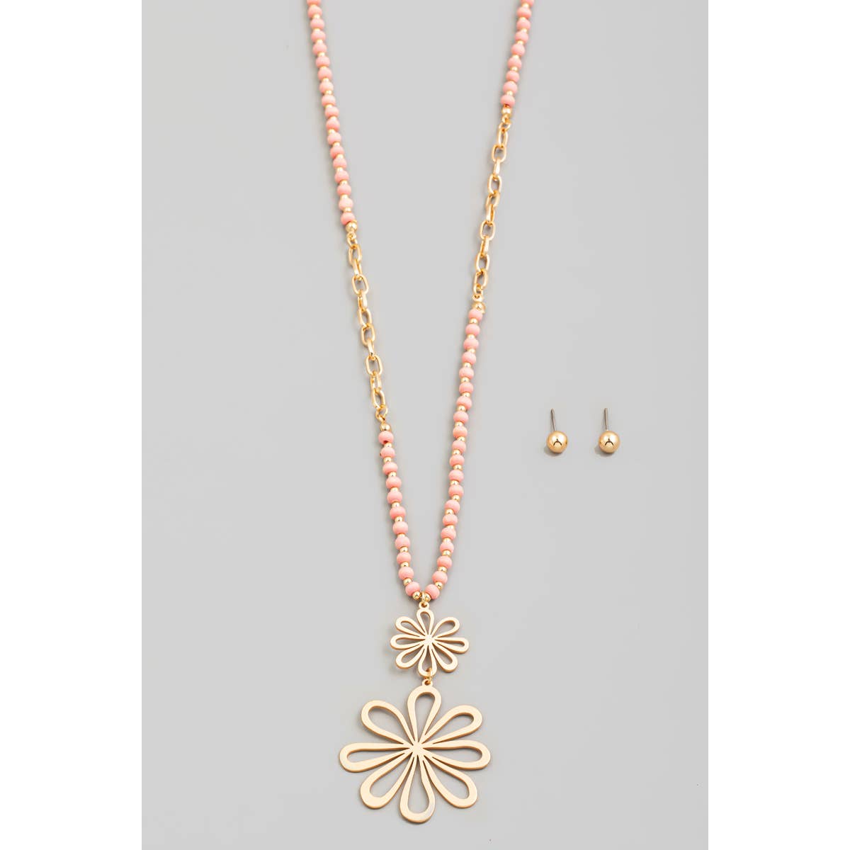 Double Metallic Flower Pendant Long Beaded Chain Necklace