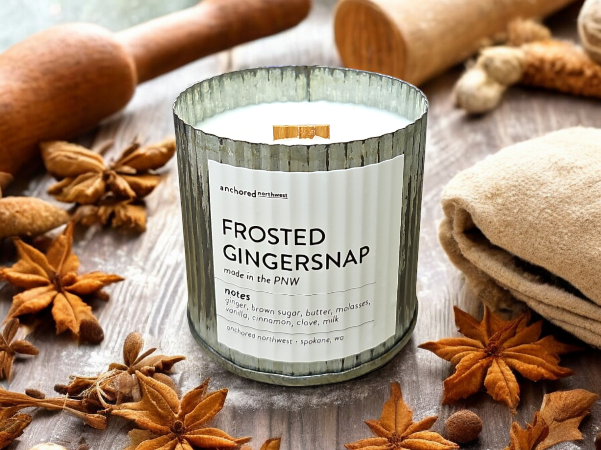 Frosted Gingersnap Rustic Vintage Farmhouse Wood Wick Candle