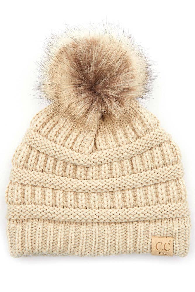 Black C.C Kids Solid Ribbed Beanie with Pom