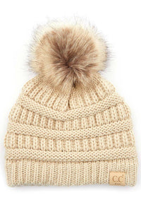 Black C.C Kids Solid Ribbed Beanie with Pom