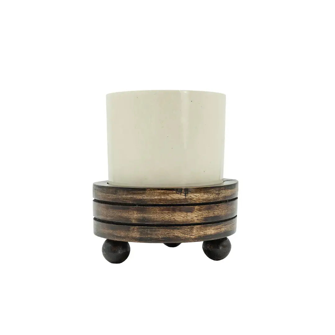 Arlen Ceramic Planter With Carved Wood Plant Stand