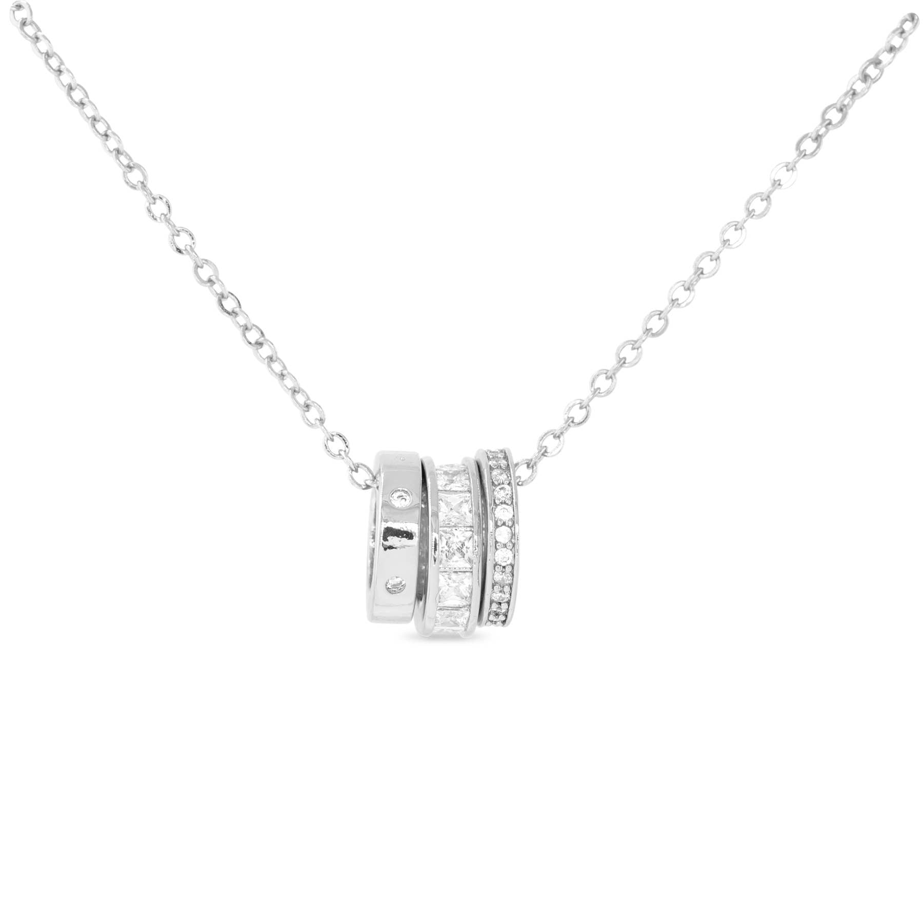 CZ Triple Ring Necklace: Sterling Silver Dipped