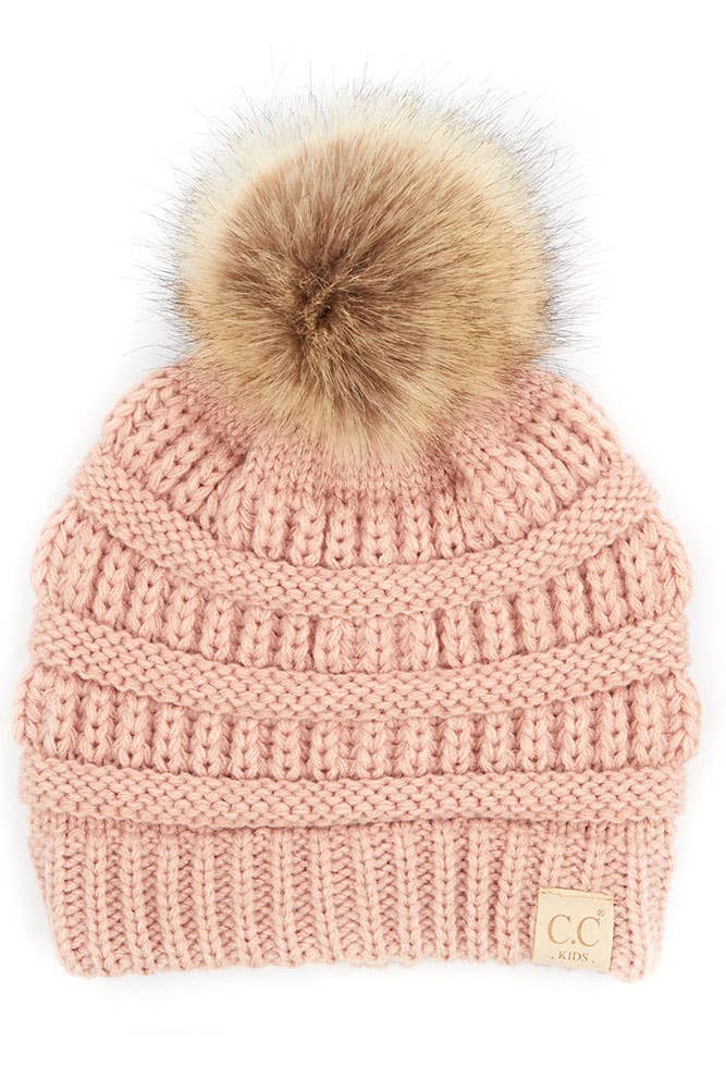 Black C.C Kids Solid Ribbed Beanie with Pom