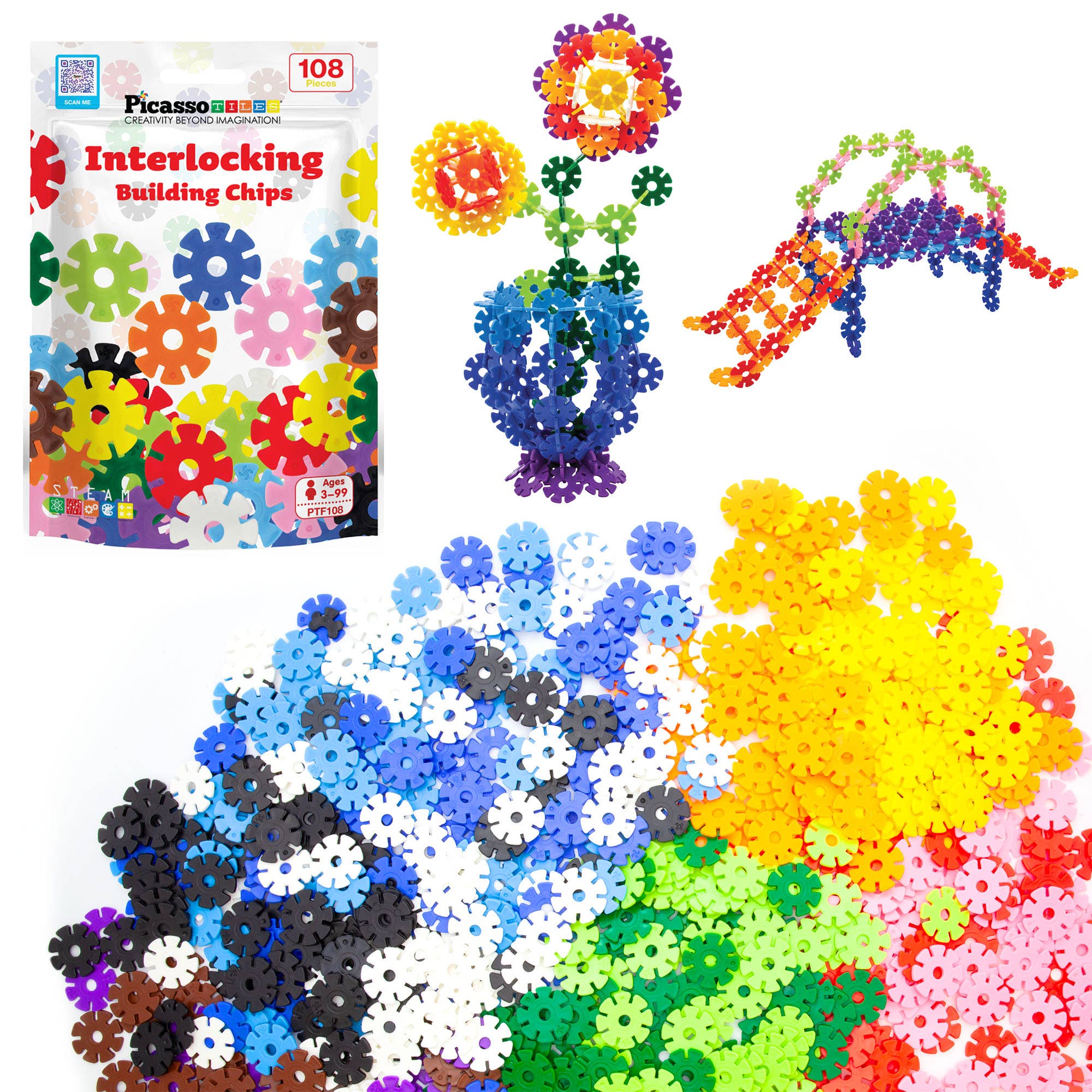 PicassoTiles 108pc Building Chips in 12 colors PTF108-MIX