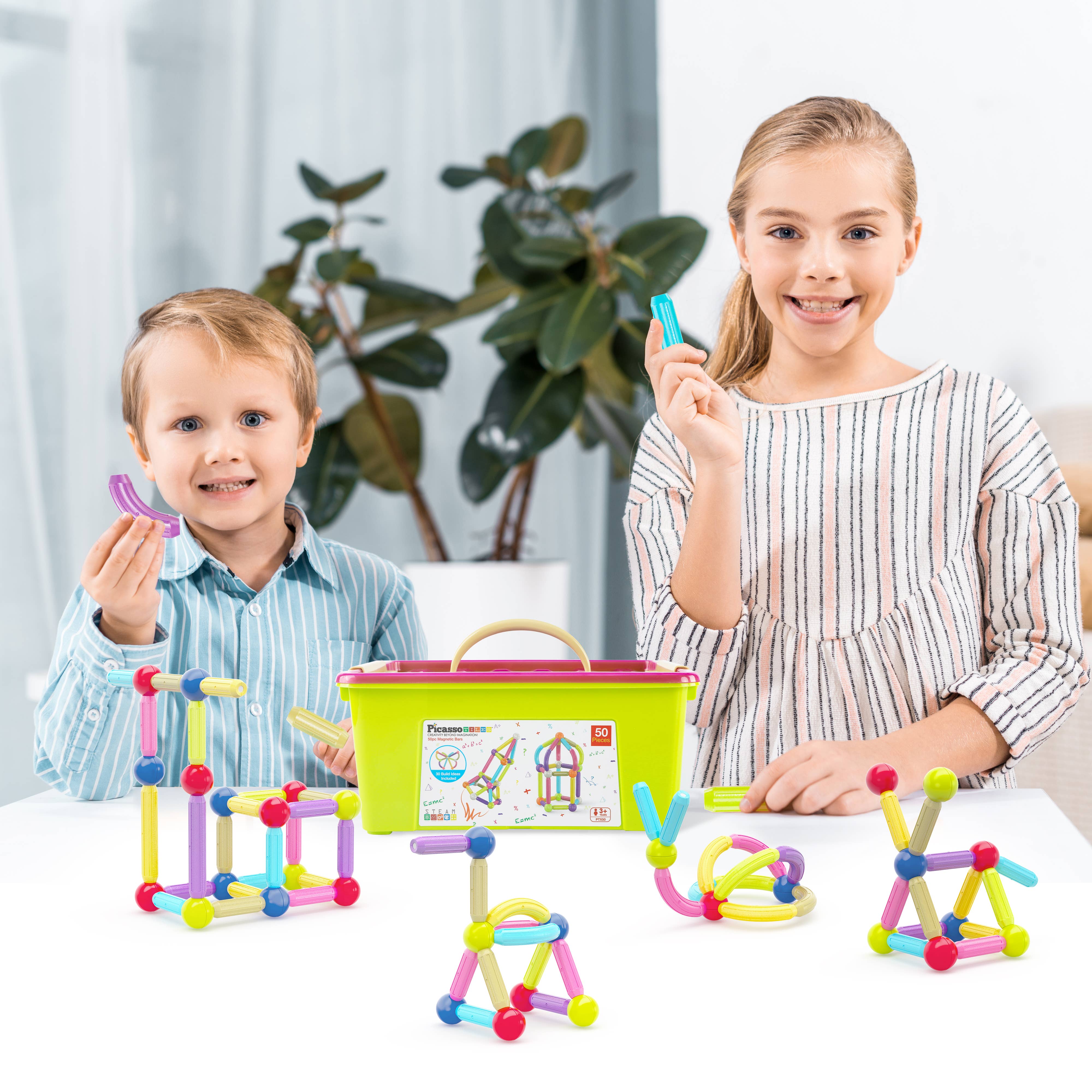 PicassoTiles 50 Piece Magnetic Stick Stacking Construction