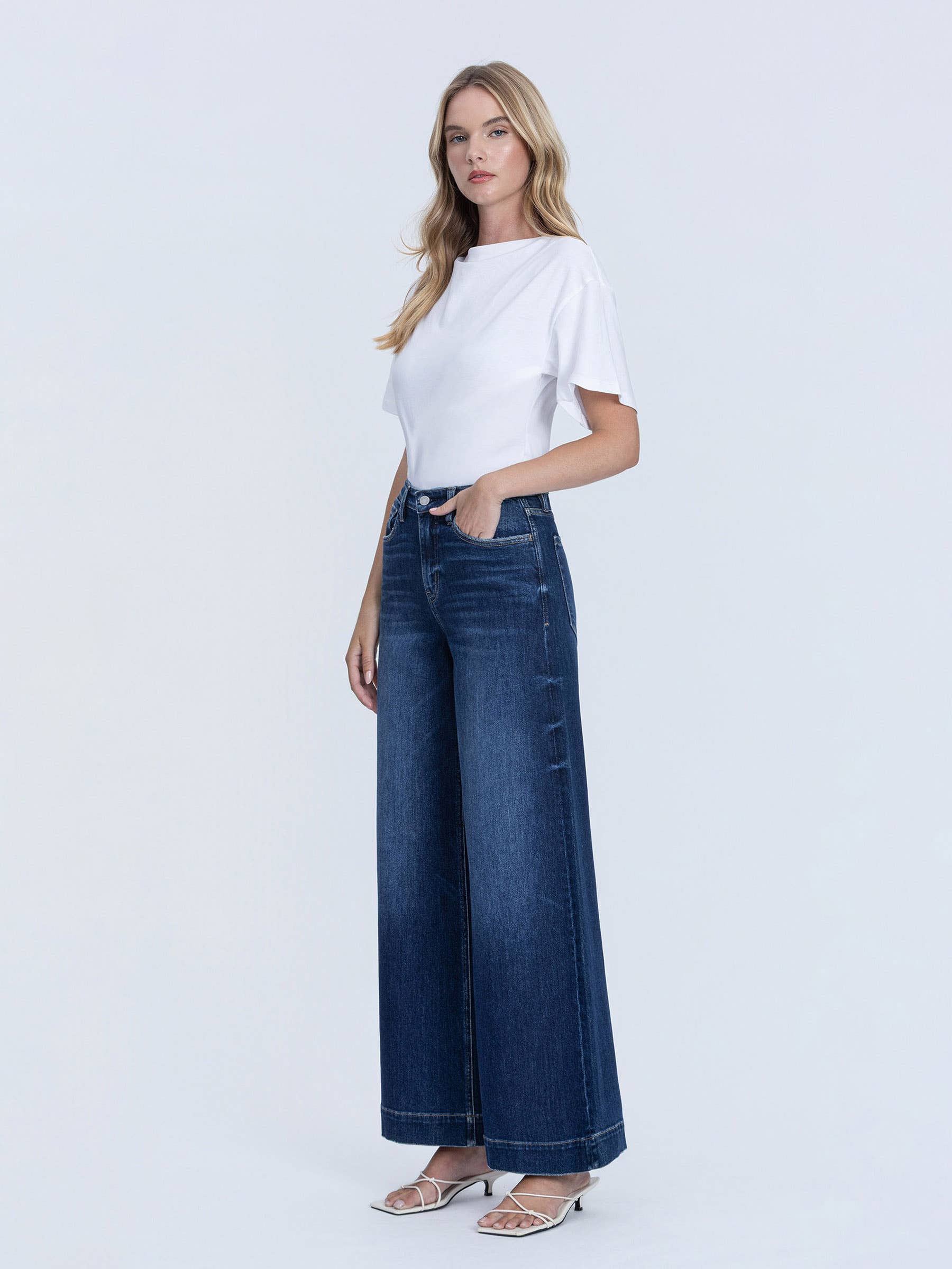 HIGH RISE DARK WASH FUSED WAISTBAND PALAZZO JEANSd
