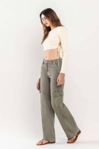 VERVET OLIVE HIGH RISE UTILITY CARGO WIDE JEANS