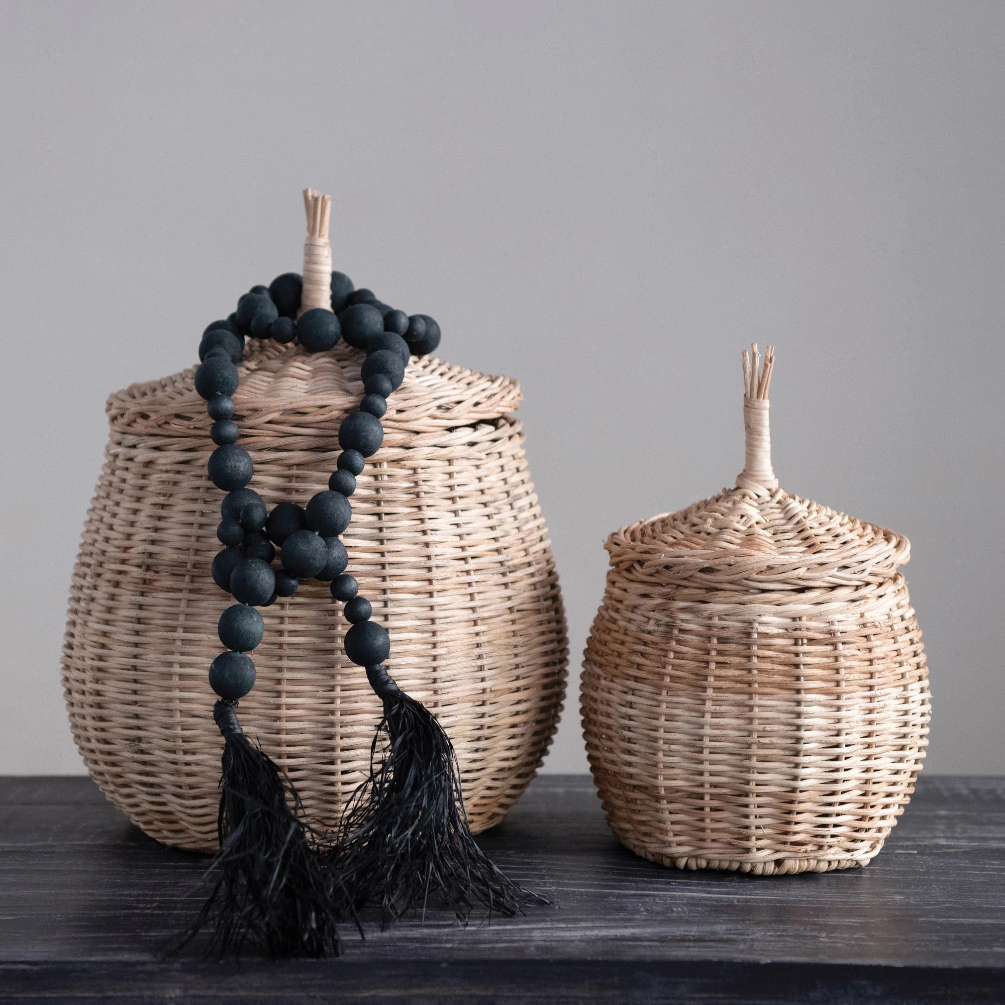 Black Acacia Wood Bead Garland with Raffia Tassel