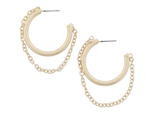 Smaller Gold Tubular Hoop with Accent Hanging Chain Earrings