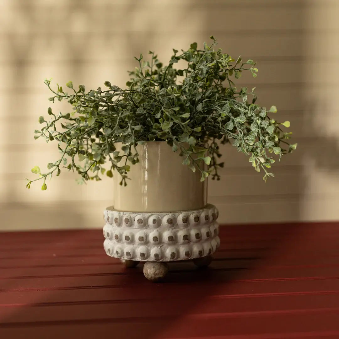 Gigi Ceramic Planter With Whitewahed Wood Bead Plant Stand