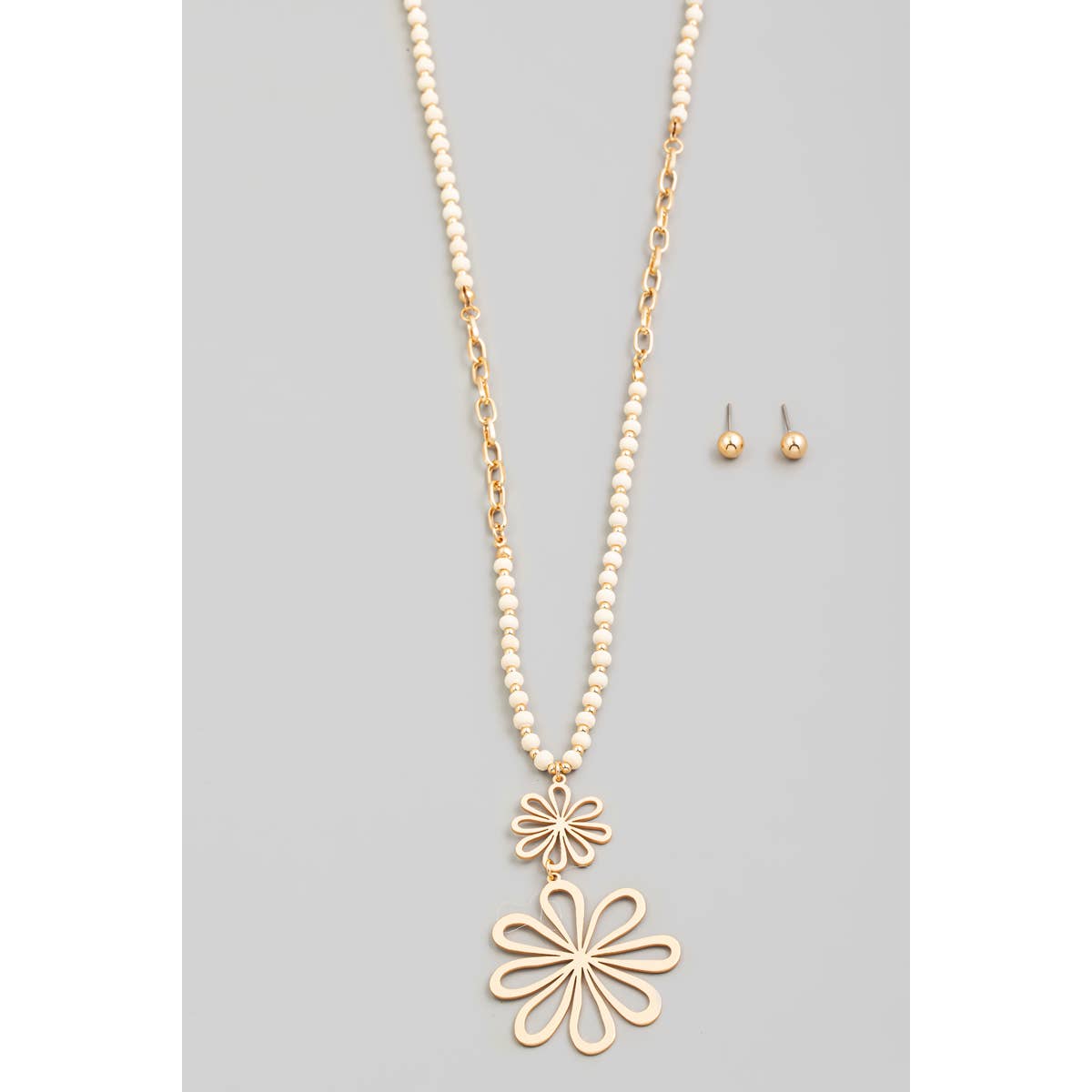 Double Metallic Flower Pendant Long Beaded Chain Necklace