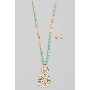 Double Metallic Flower Pendant Long Beaded Chain Necklace