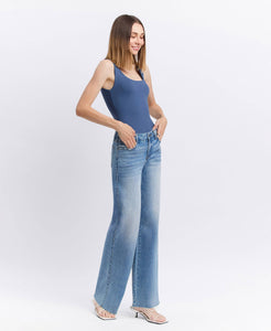 VOUCHSAFE MID RISE CLEAN CUT RAW HEM WIDE JEANS
