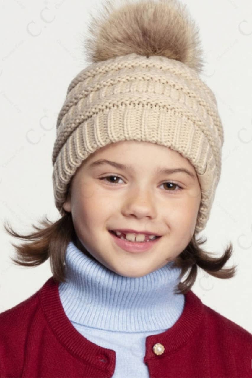 Black C.C Kids Solid Ribbed Beanie with Pom