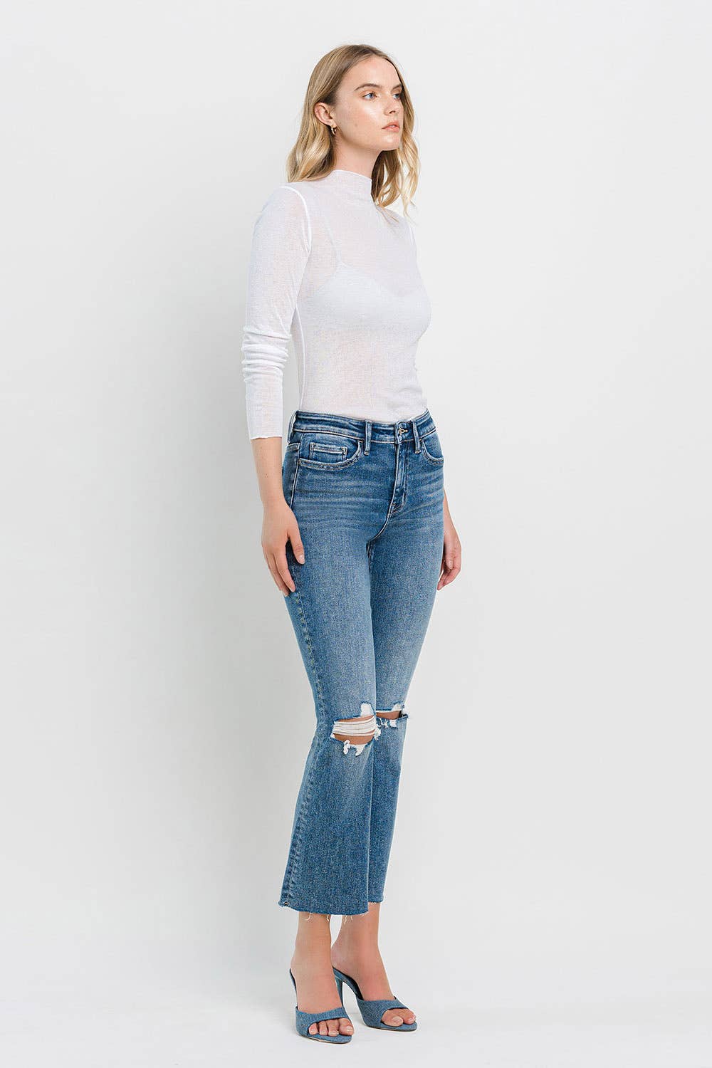 VERVET HIGH RISE CLEAN CUT HEM CROP FLARE JEANS