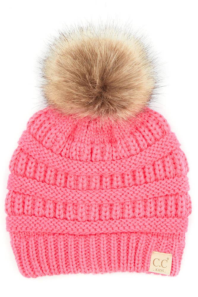 Black C.C Kids Solid Ribbed Beanie with Pom