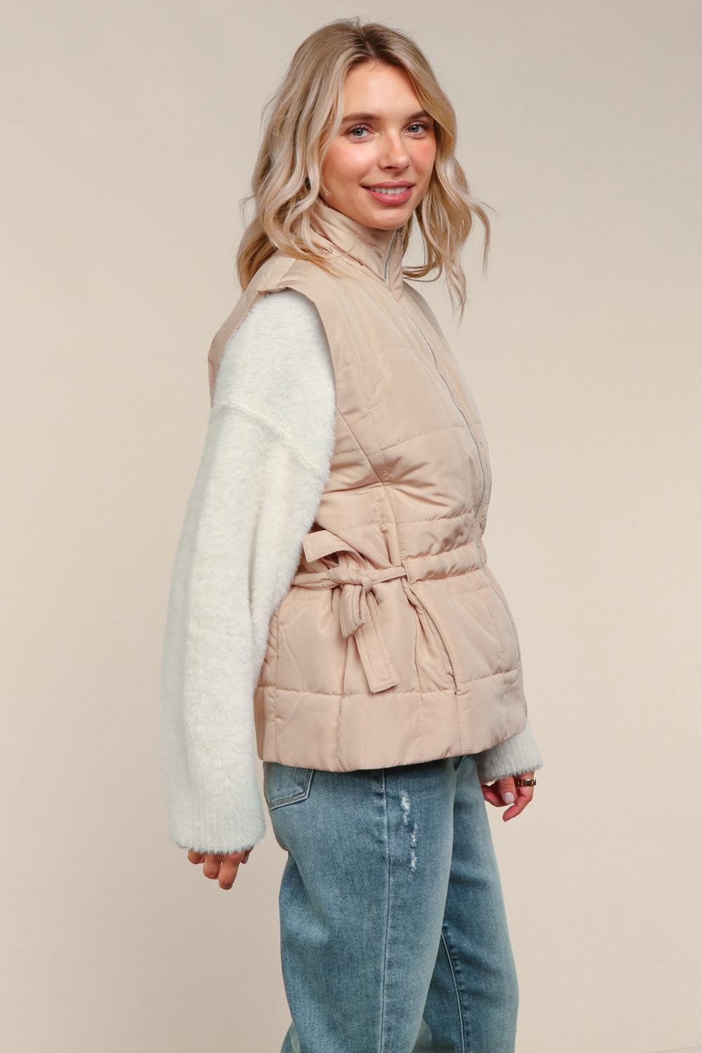 Tan High Neck Zip Up Quilted Puffer Vest
