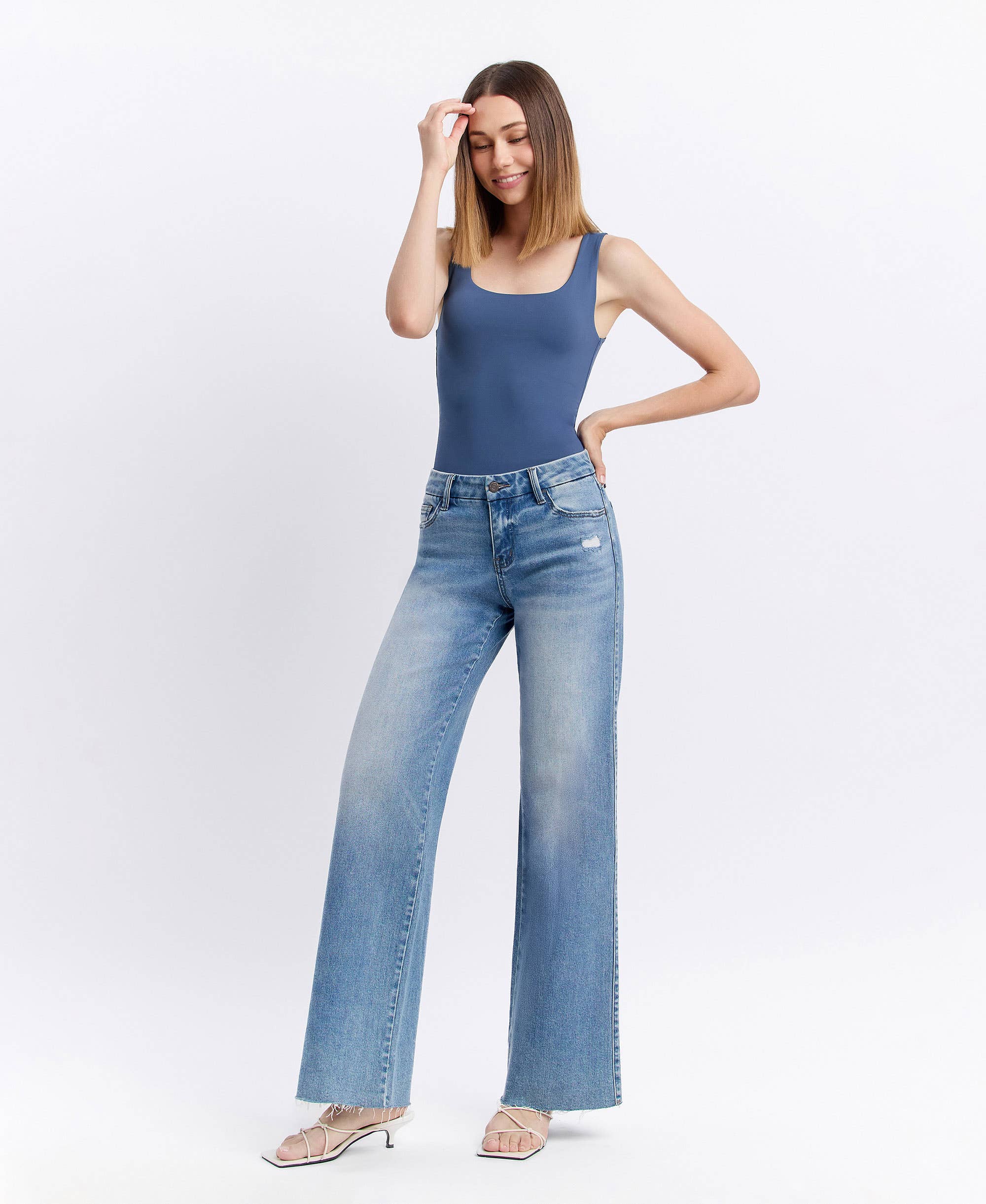 VOUCHSAFE MID RISE CLEAN CUT RAW HEM WIDE JEANS