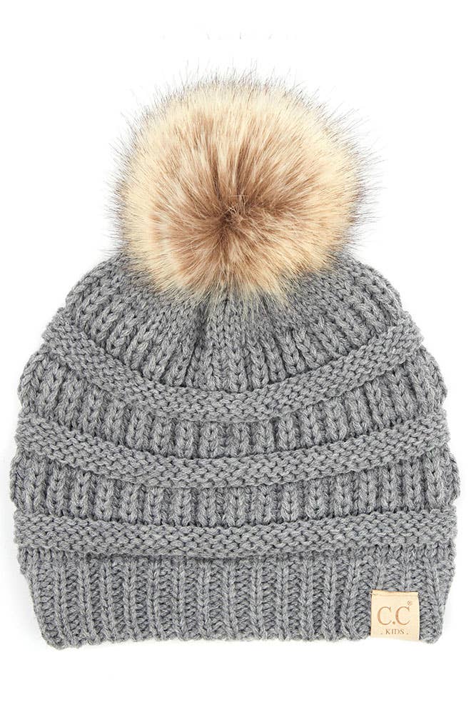 Black C.C Kids Solid Ribbed Beanie with Pom