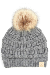 Black C.C Kids Solid Ribbed Beanie with Pom