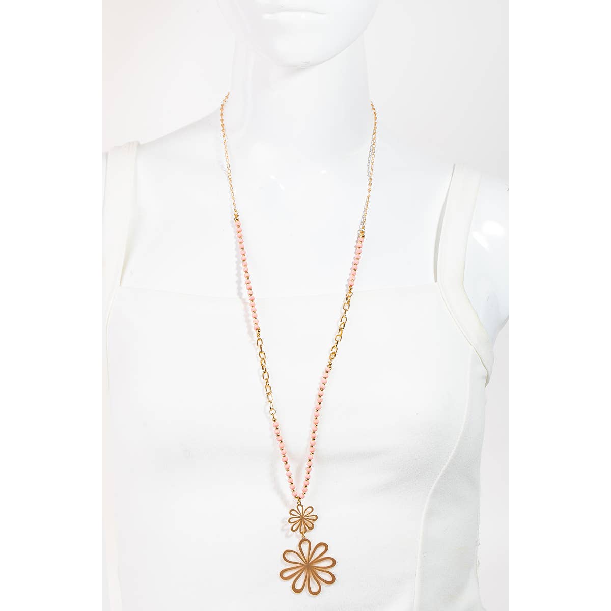 Double Metallic Flower Pendant Long Beaded Chain Necklace