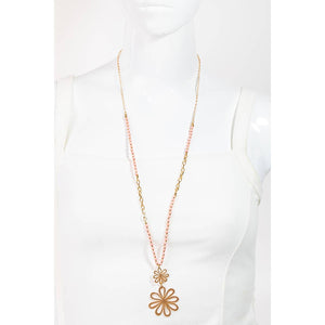 Double Metallic Flower Pendant Long Beaded Chain Necklace