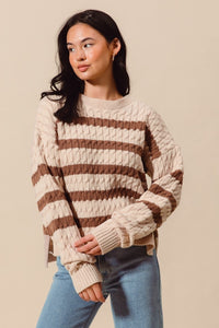 Oatmeal/Mocha Stripe Cable Knit Sweater