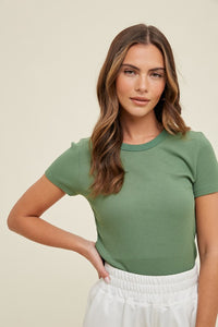 GREEN WAFFLE KNIT SHORT SLEEVE TOP