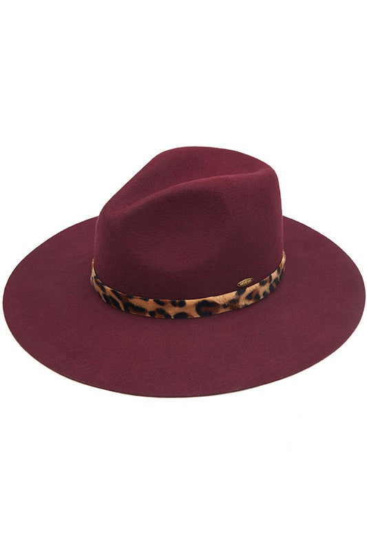 Berry Felt Hat w/Leopard Pattern Trim