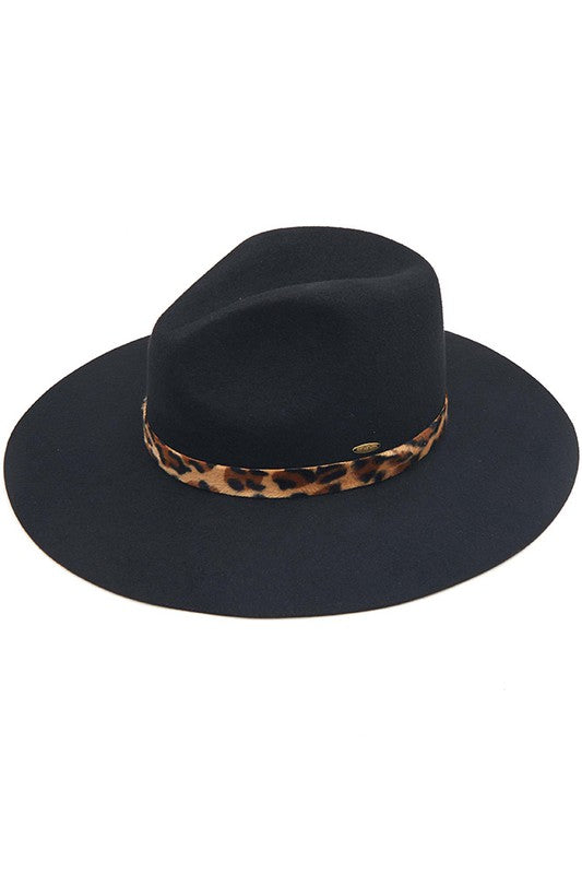 Charcoal Felt Hat w/Leopard Pattern Trim