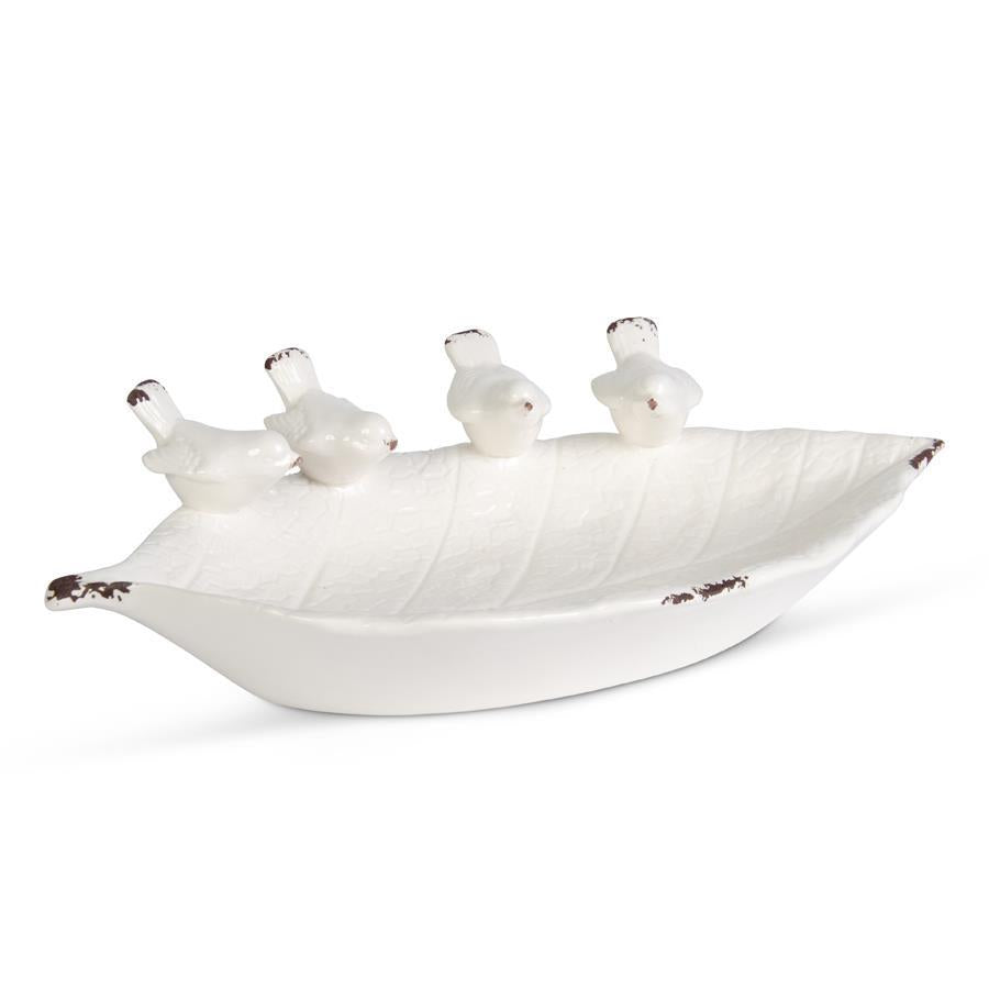 14in White Ceramic Leaf Bowl w/4 Song Birds