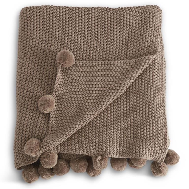 64 Inch Brown Moss Stitch Knit Throw w/Pompom Trim