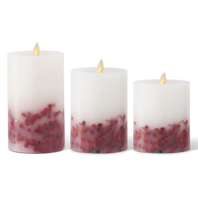 3 White Wax Red Berry Luminara Indoor Pillar Candles
