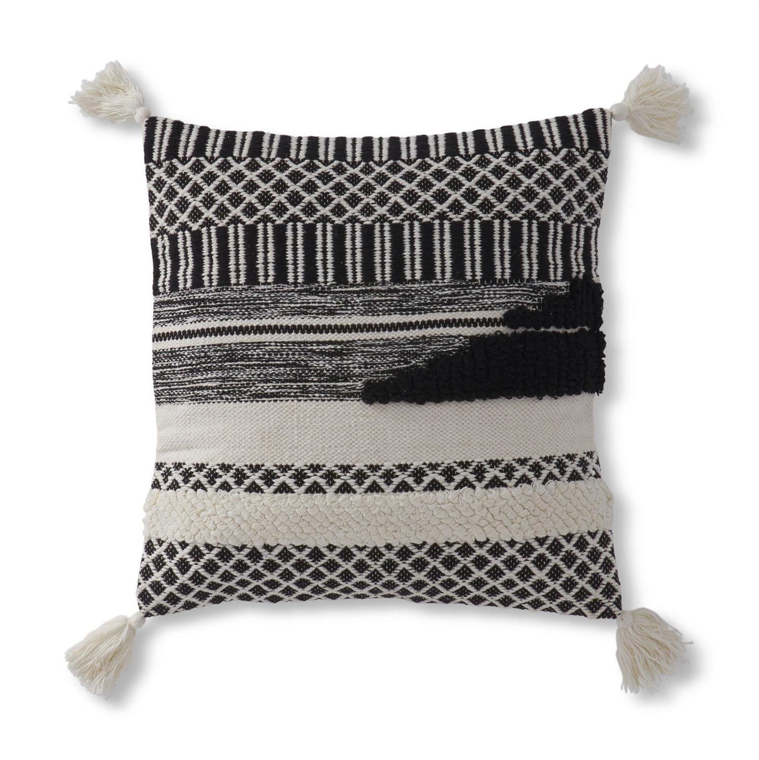 19 Inch Black & White Loom Woven Pillow w/Tassels