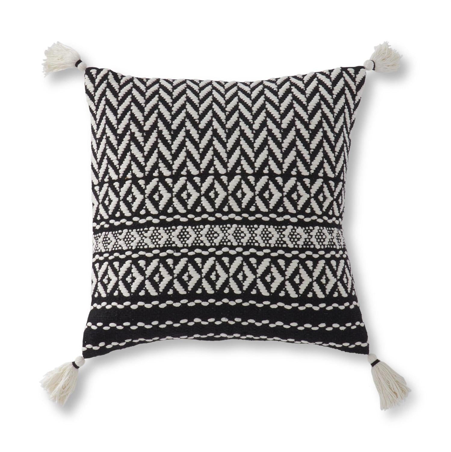 19 Inch Black & White Loom Woven Pillow w/Tassels