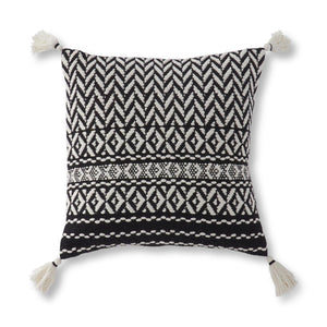 19 Inch Black & White Loom Woven Pillow w/Tassels