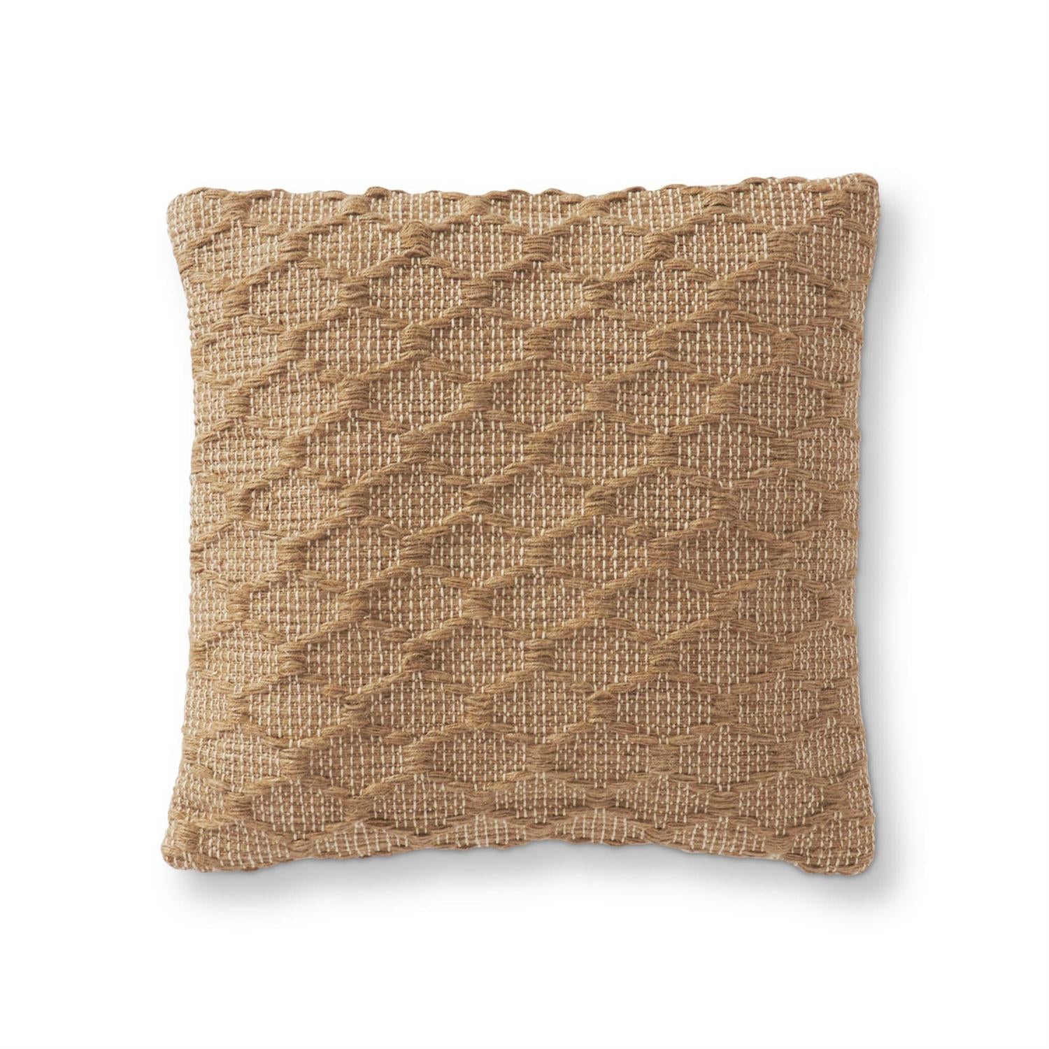 18 Inch Square Tan Jute & Cotton Diamond Woven Pillow